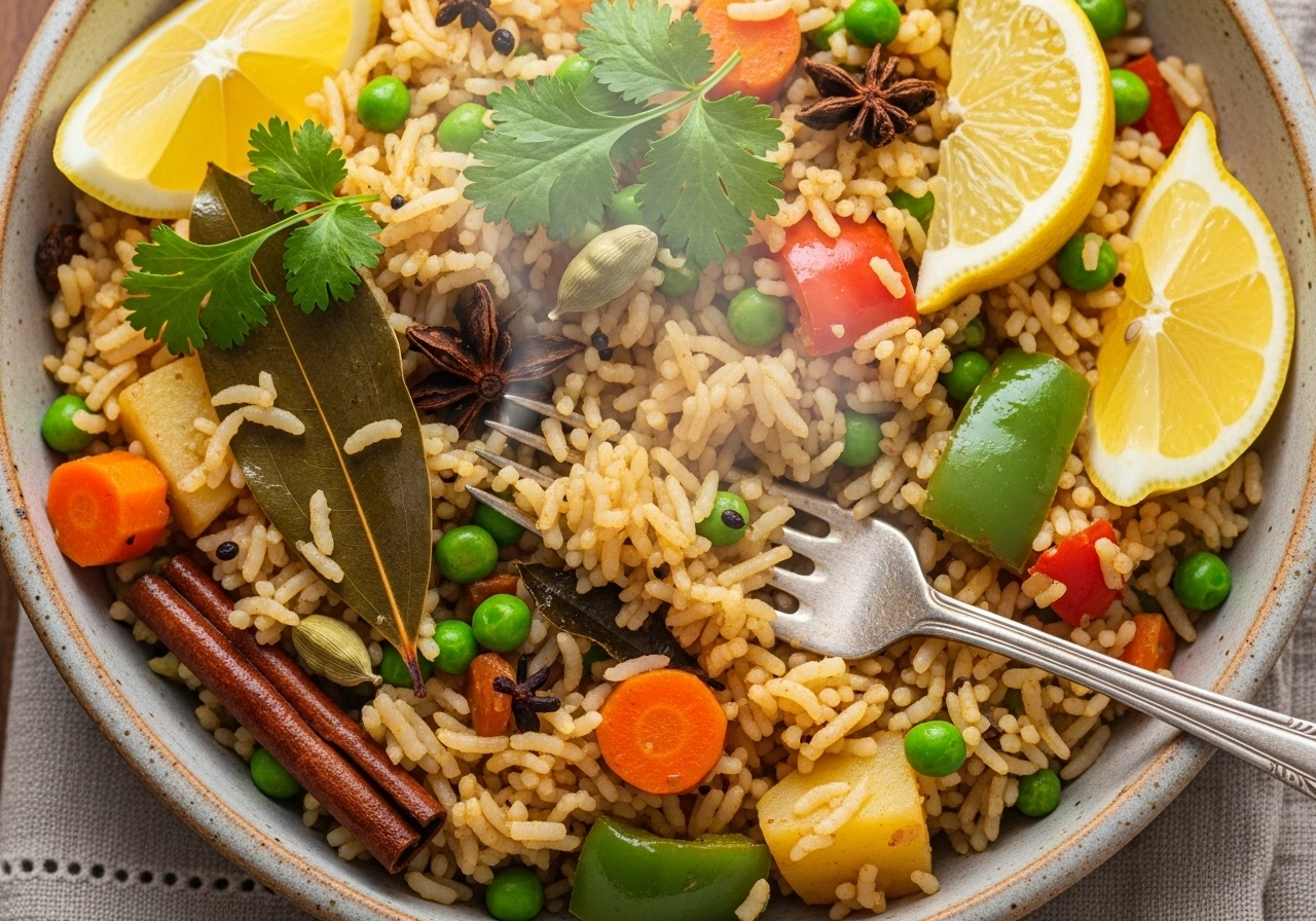 Finish & serve Let rest for 5 minutes. Fluff gently with a fork. Garnish with coriander and lemon juice.