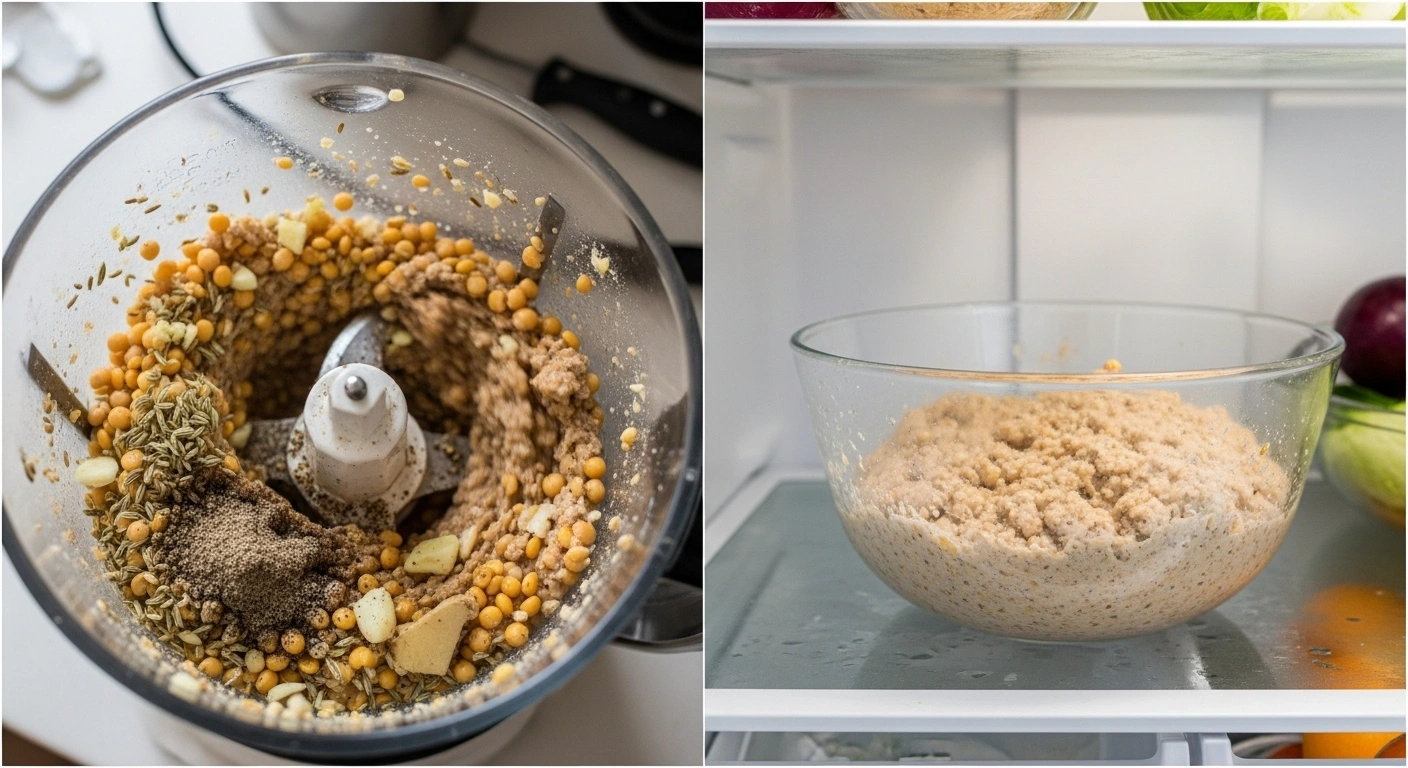 Prepare the Vada Mix Drain water completely from the soaked channa dal. Transfer to a mixer jar along with fennel seeds, ginger, garlic, and black pepper powder. Add 1 tablespoon water and grind—first 20 seconds continuously, then pulse 3–4 times. The batter should be coarse with a mix of pulped dal, broken dal, and a few whole dal pieces for texture. Transfer to a mixing bowl and refrigerate for 30 minutes.