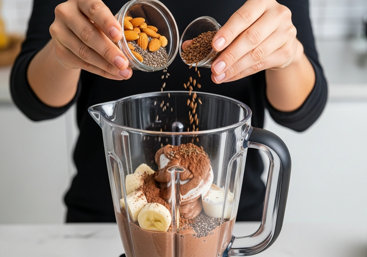 Blend the Smoothie In a blender, add almonds (or almond butter), banana, cocoa powder, milk, and sweetener of choice. Add chia seeds or flaxseeds if using. Blend until smooth and creamy.