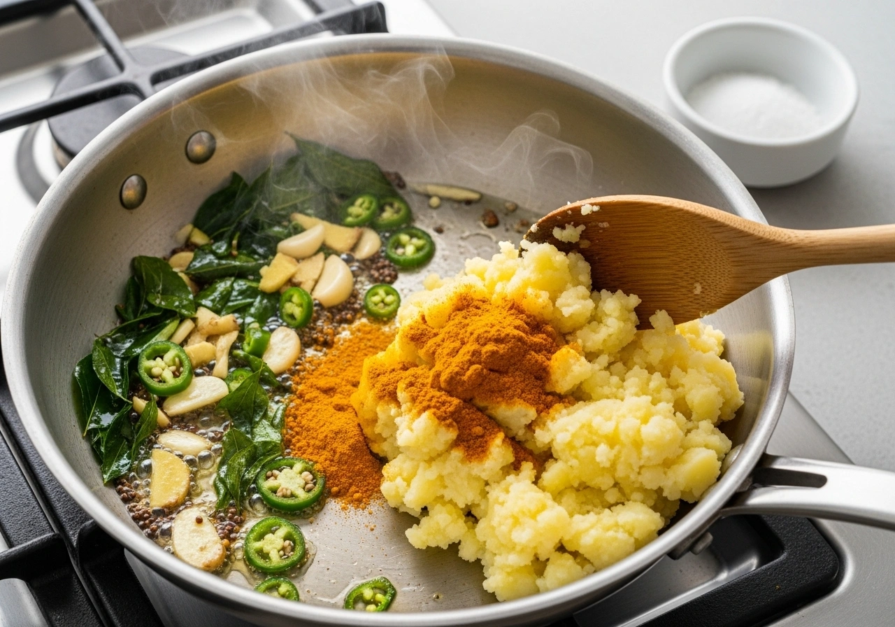Make potato filling Heat 2 tbsp oil in a pan. Add mustard seeds, curry leaves, ginger, garlic, and green chillies. Sauté for a minute, then add turmeric and mashed potatoes. Mix well, season with salt, and cool.