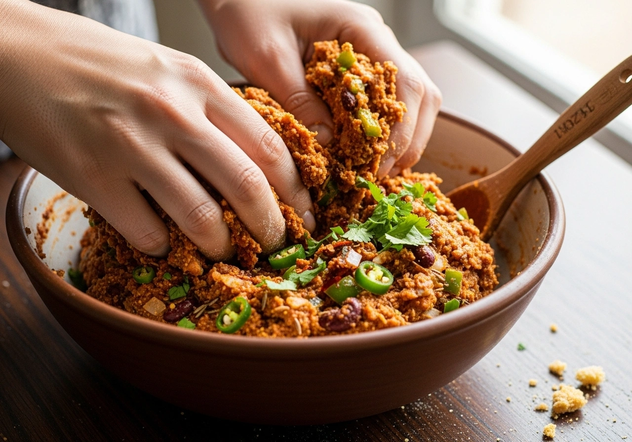 Mix kebab dough In a bowl, combine mashed rajma, sautéed mix, roasted gram flour, bread crumbs (if needed), coriander, and spices. Mix into a smooth dough.