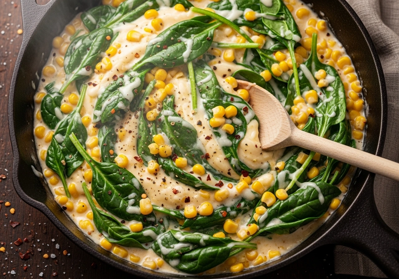 Add filling ingredients Mix in spinach and boiled corn. Cook for 2–3 minutes until spinach wilts. Add grated cheese, pepper, chilli flakes, and salt. Stir until creamy.