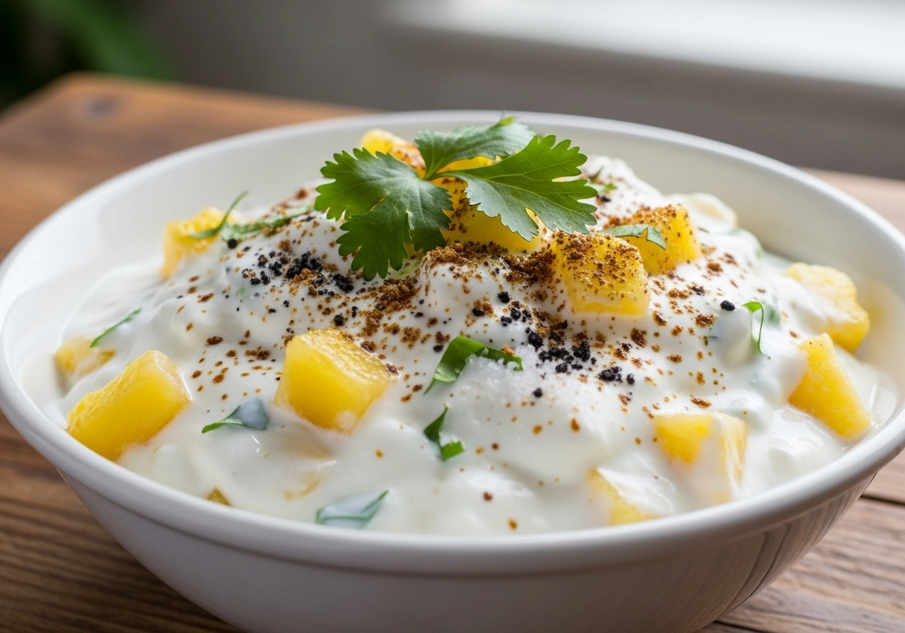Make pineapple raita Whisk yogurt, add pineapple pieces, roasted cumin, black salt, and regular salt. Mix gently and garnish with coriander or mint.