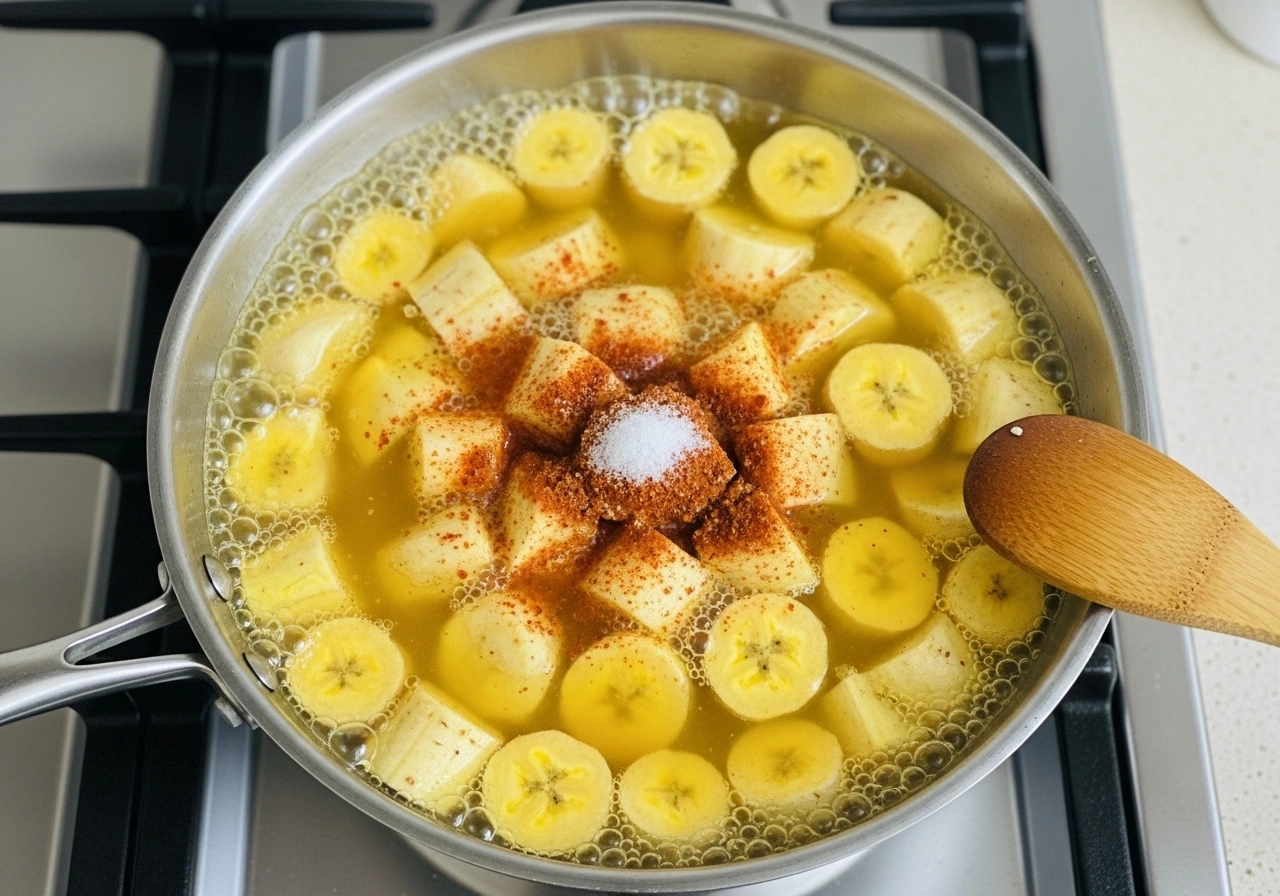 Cook vegetables In another pan, cook yam and raw banana with turmeric, chilli powder, salt, and just enough water until tender.