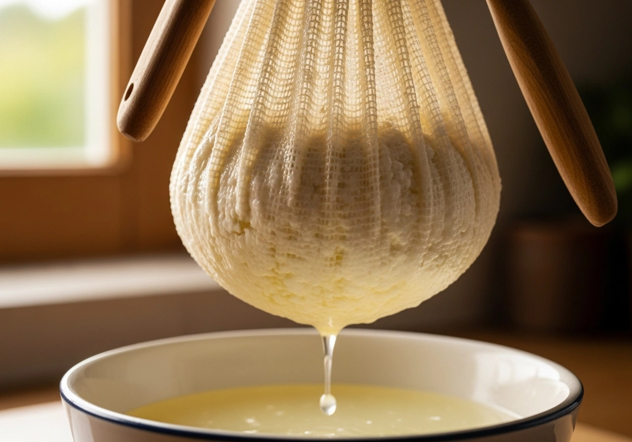  Prepare Hung Curd Place fresh curd in a muslin cloth over a bowl. Hang for 3–4 hours to remove excess whey until thick.