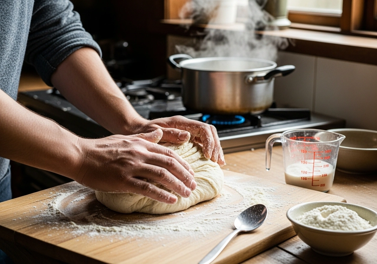 Prepare dough Boil 1 cup water with a pinch of salt. Add rice flour gradually, stirring continuously to avoid lumps. Cover and let rest for 5 minutes. Knead into a soft, smooth dough.