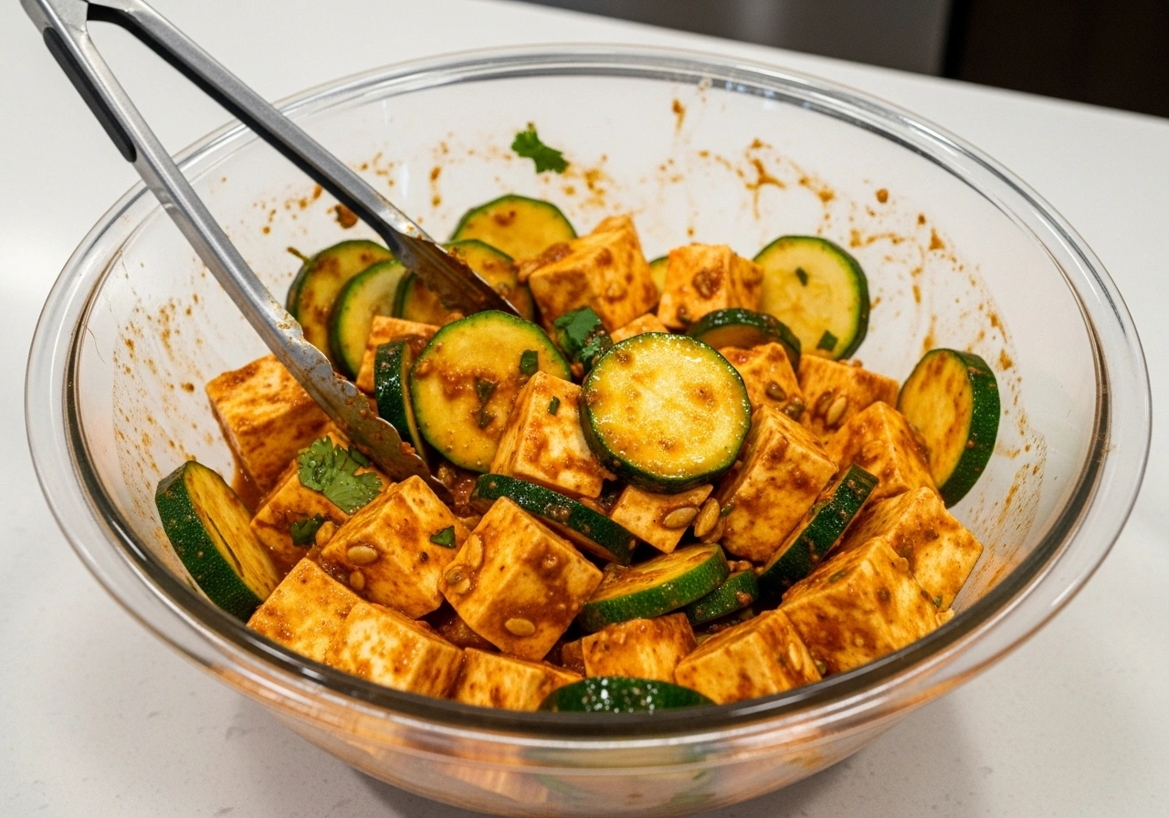 Marinate the Paneer & Zucchini Add paneer cubes and zucchini slices into the marinade. Toss gently to coat everything evenly.  Cover and refrigerate for at least 30 minutes (can be left up to 2 hours for deeper flavor).
