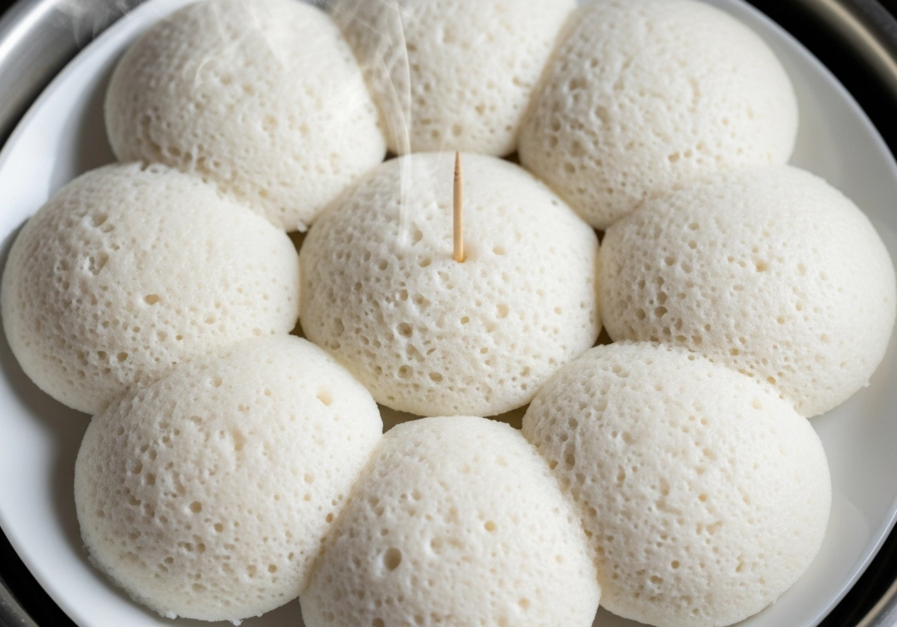 Steam idlis Grease idli moulds. Pour batter and steam for 12–15 minutes until a toothpick comes out clean.