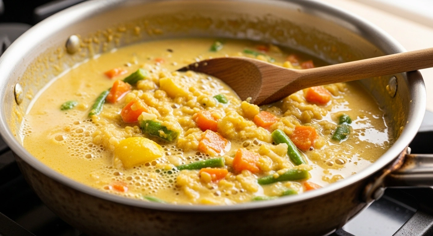 Combine & Simmer Add the cooked dal and ground coconut paste to the vegetables. Add ½ tsp (or more) salt, mix well, and simmer for a few minutes. Adjust consistency depending on use: thinner for mixing with rice, thicker for serving as a side dish.