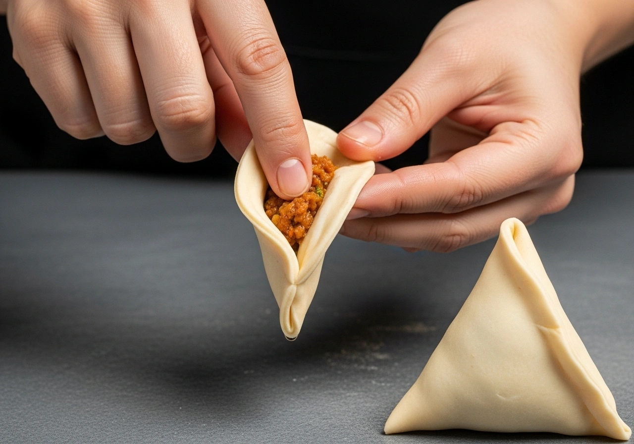 Shape samosas Divide dough into balls. Roll into small discs (using singhara atta-dusted board). Cut in half, shape into cones, stuff filling, and seal edges with water.