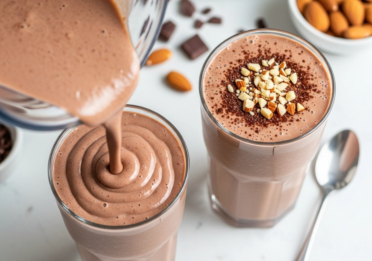 Adjust & Serve Taste and adjust sweetness. If too thick, add more milk; if too thin, add a few ice cubes or extra banana. Pour into glasses and serve immediately. Optionally, garnish with a sprinkle of cocoa or crushed almonds.