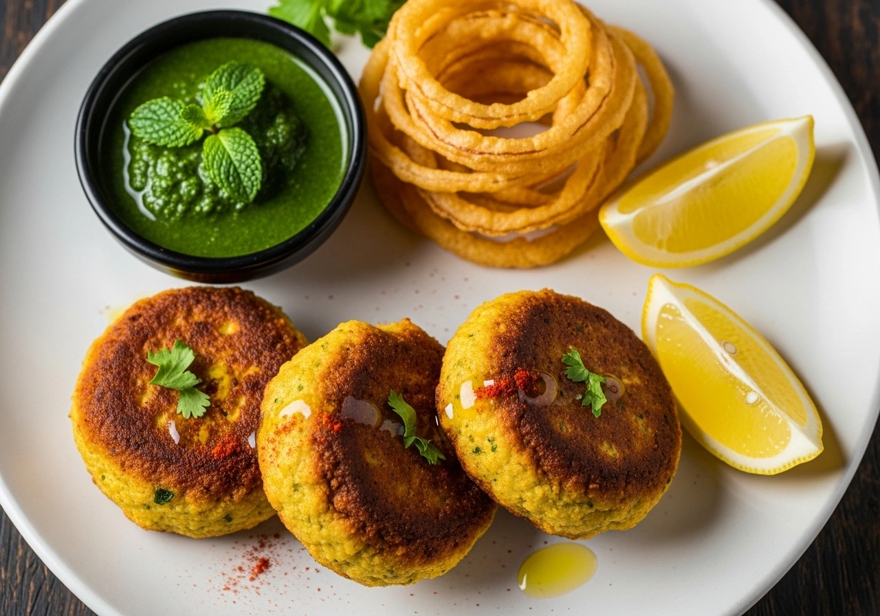 Serve Serve hot with mint chutney, onion rings, and lemon wedges.