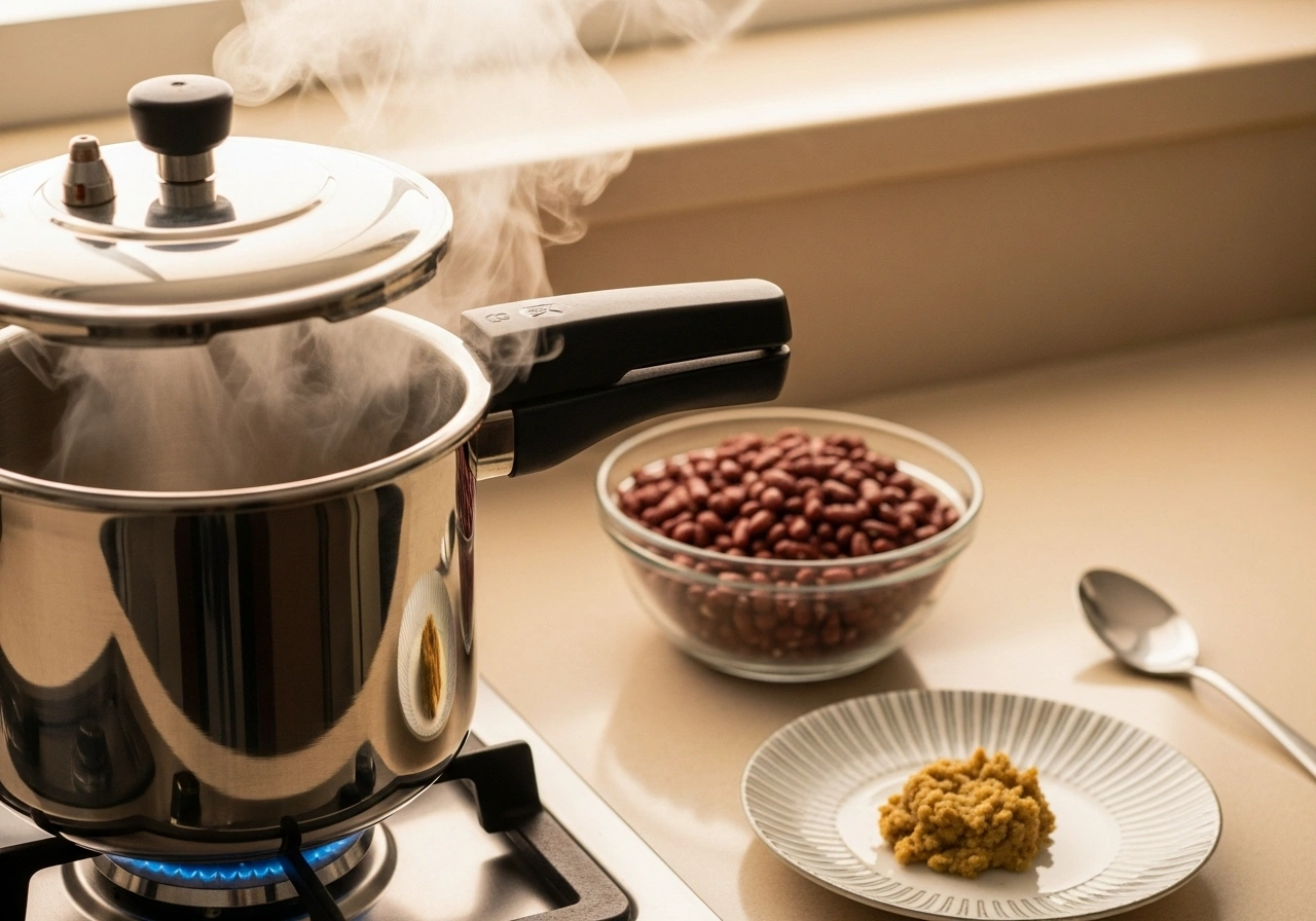 Cook rajma Pressure cook soaked rajma until soft (5–6 whistles). Drain excess water and mash to a coarse paste.