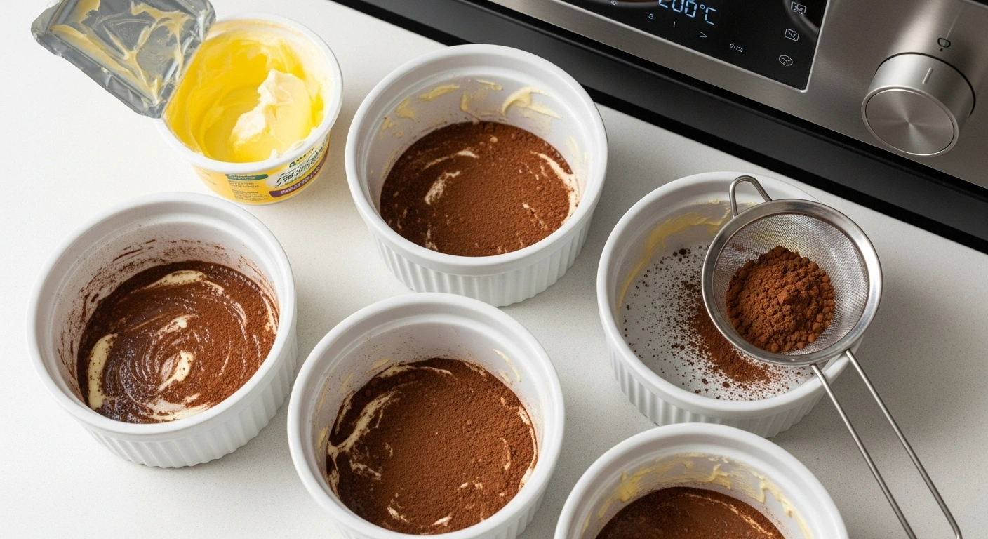 Prep ramekins  Grease 4 ramekins with butter and dust with cocoa powder. Preheat oven to 200°C (390°F).