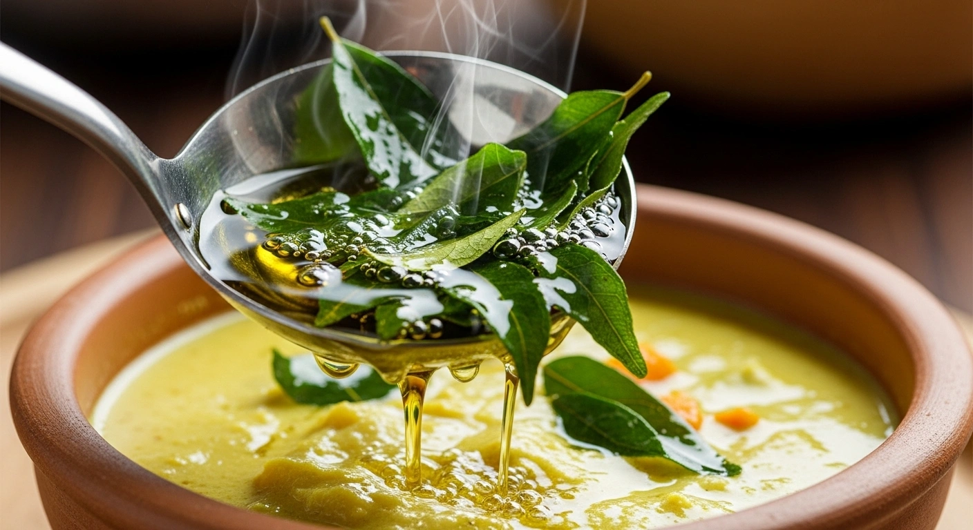 Tempering Heat coconut oil in a small ladle. Add curry leaves and let them crackle. Pour this over the avial and mix gently.