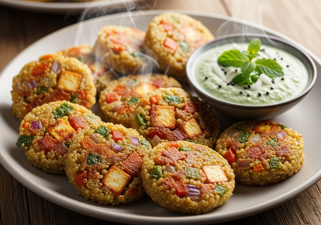 Serve Serve hot quinoa mini paneer uttapams with coconut pudina chutney.