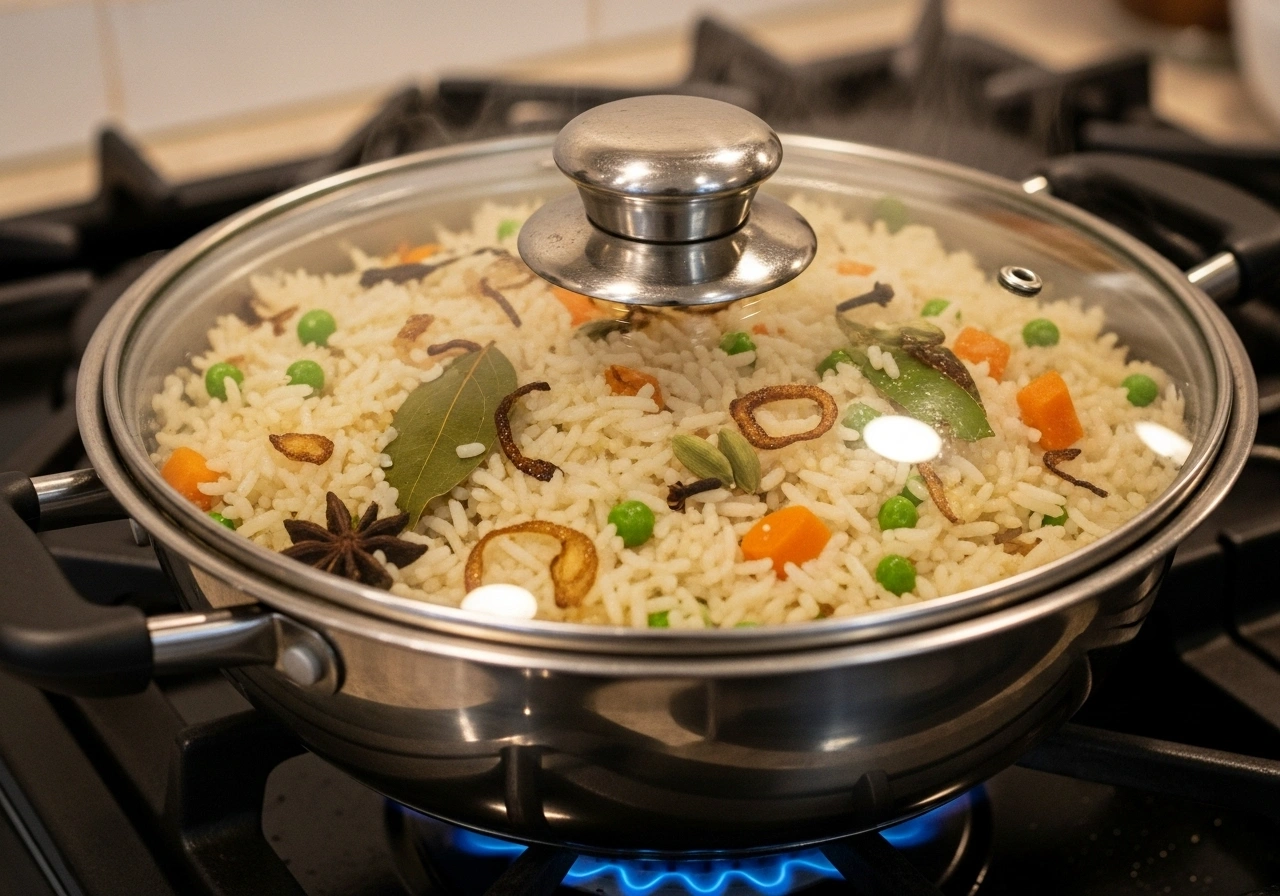 Cook pulao Cover and cook on low flame until rice is fluffy and water is absorbed (about 15 minutes). If using a pressure cooker, cook for 2 whistles.