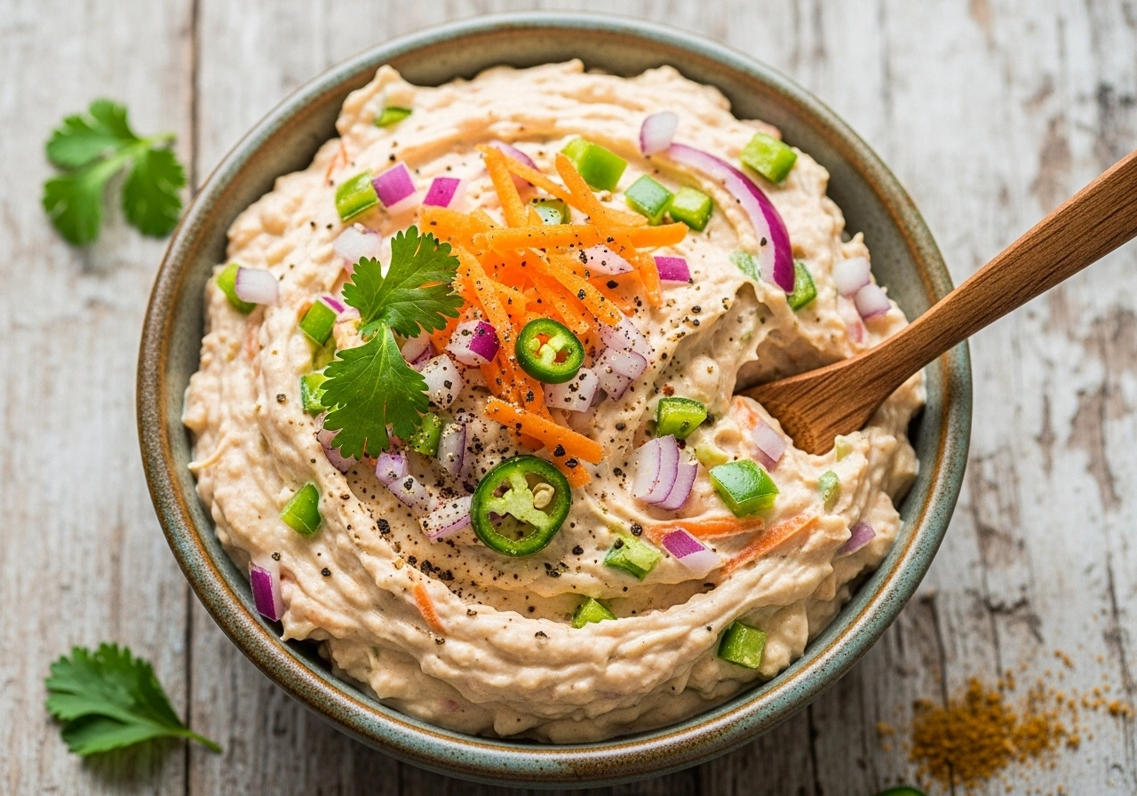 Make filling In a bowl, mix hung curd with onion, capsicum, carrot, green chilli, coriander, salt, pepper, and chaat masala. Blend well to form a creamy spread.
