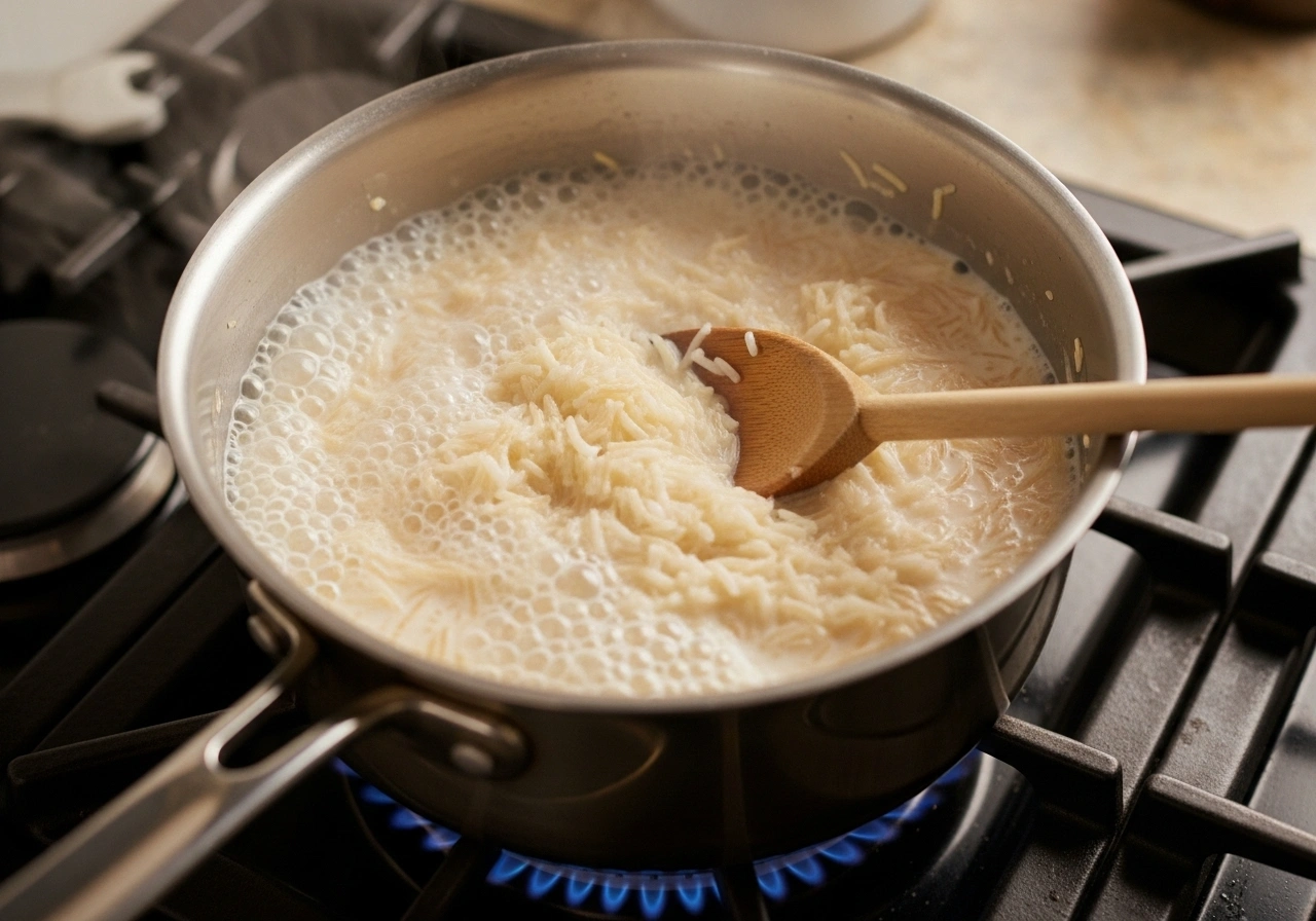 Cook Rice/Vermicelli Bring milk to boil in a heavy pan. Add soaked rice (or vermicelli) and simmer on low heat, stirring occasionally to prevent sticking. Cook until rice is soft and milk thickens (20–25 minutes).