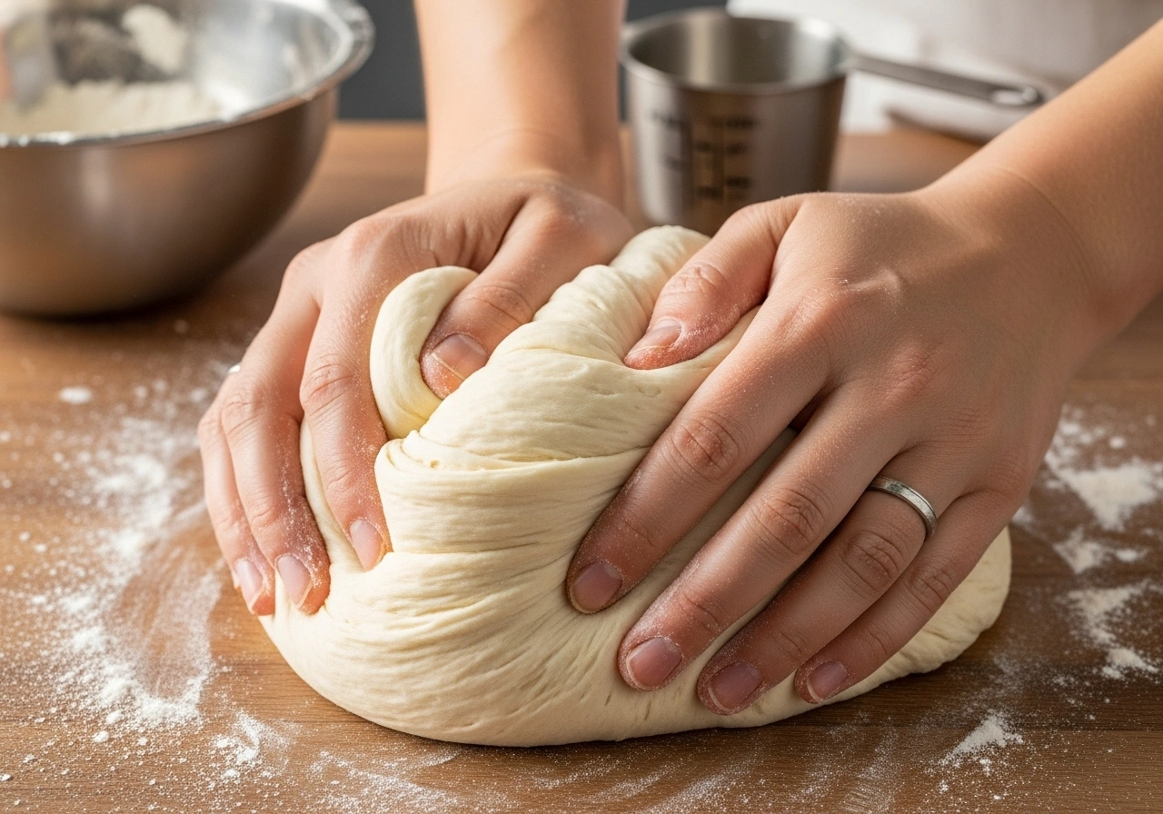 Make dough Mix flour, salt, and water into a smooth, soft dough. Cover and rest for 20 minutes.