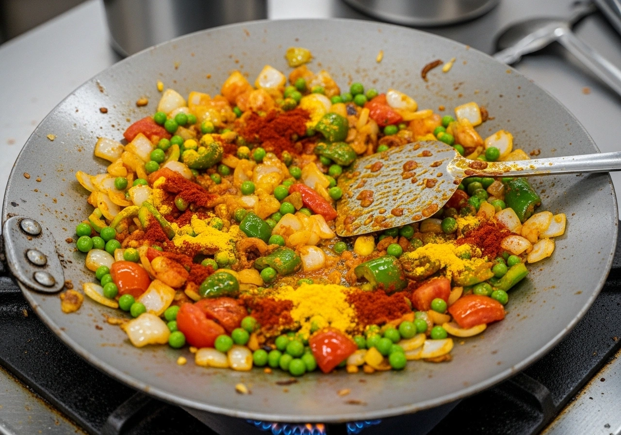 Add vegetables & spices Add tomatoes and capsicum. Cook until tomatoes turn mushy. Add peas, turmeric, chilli powder, pav bhaji masala, and salt. Mix well.