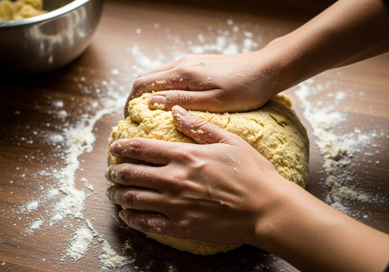Prepare dough Mix flour, sooji, salt, and ghee. Add water gradually to knead into a stiff dough. Cover and rest for 20 minutes.