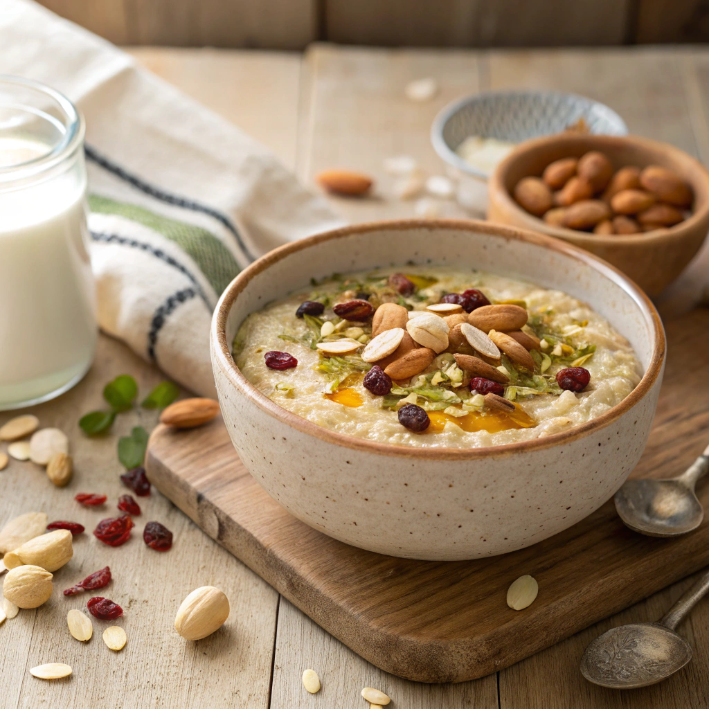 bowl filled with creamy daliya porridge, topped with sliced almonds, pistachios, raisins, and cashews