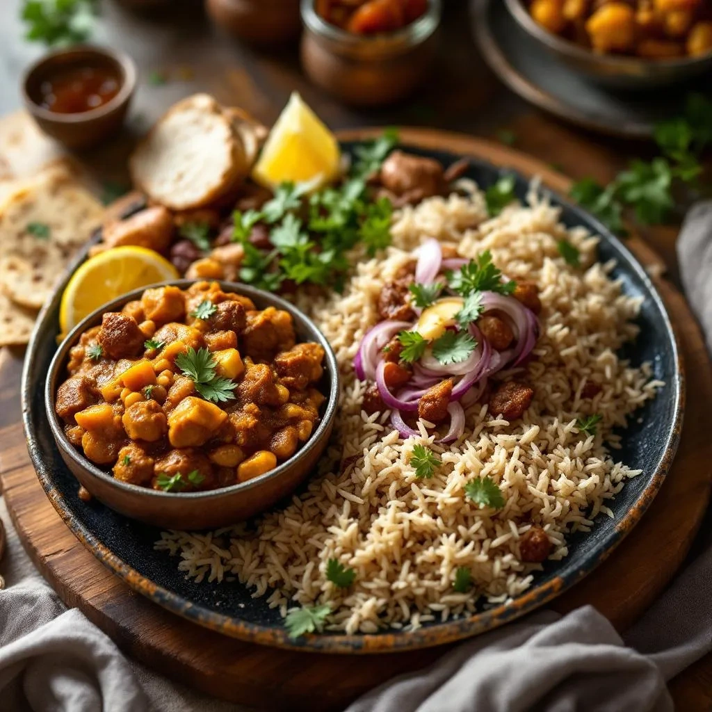 brown rice served with a bowl of rajma or chole, garnished with coriander and ghee.
