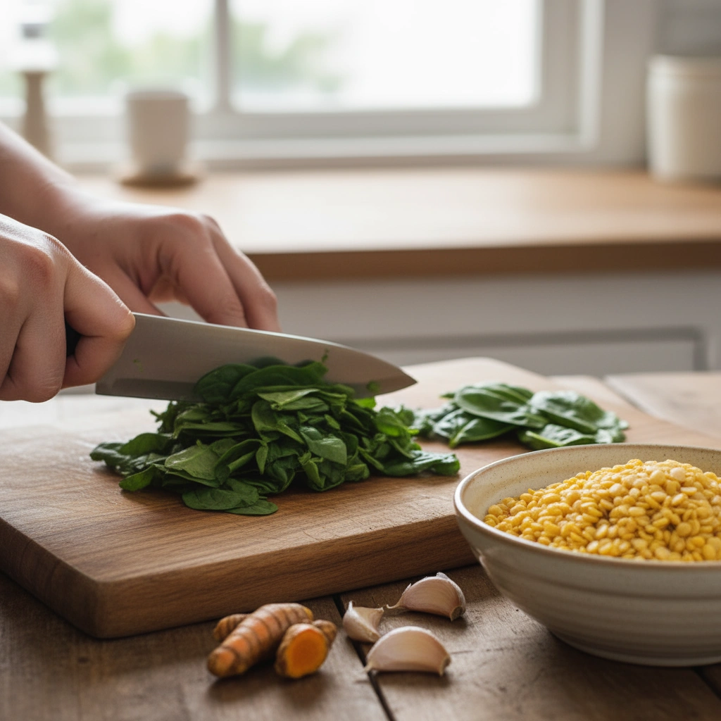Prepping Spinach & Dal