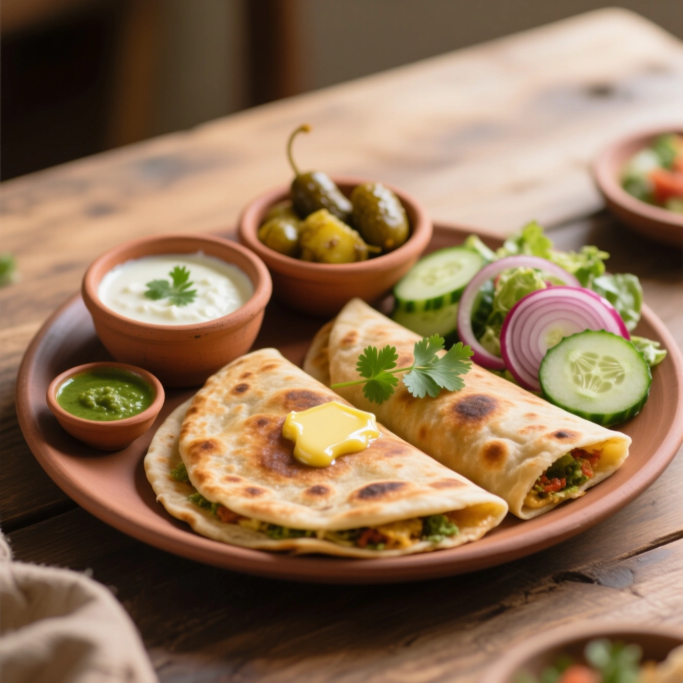 two stuffed parathas topped with a dollop of melting ghee