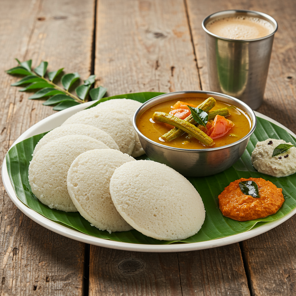 idlis stacked neatly, served with a bowl of golden-orange sambar