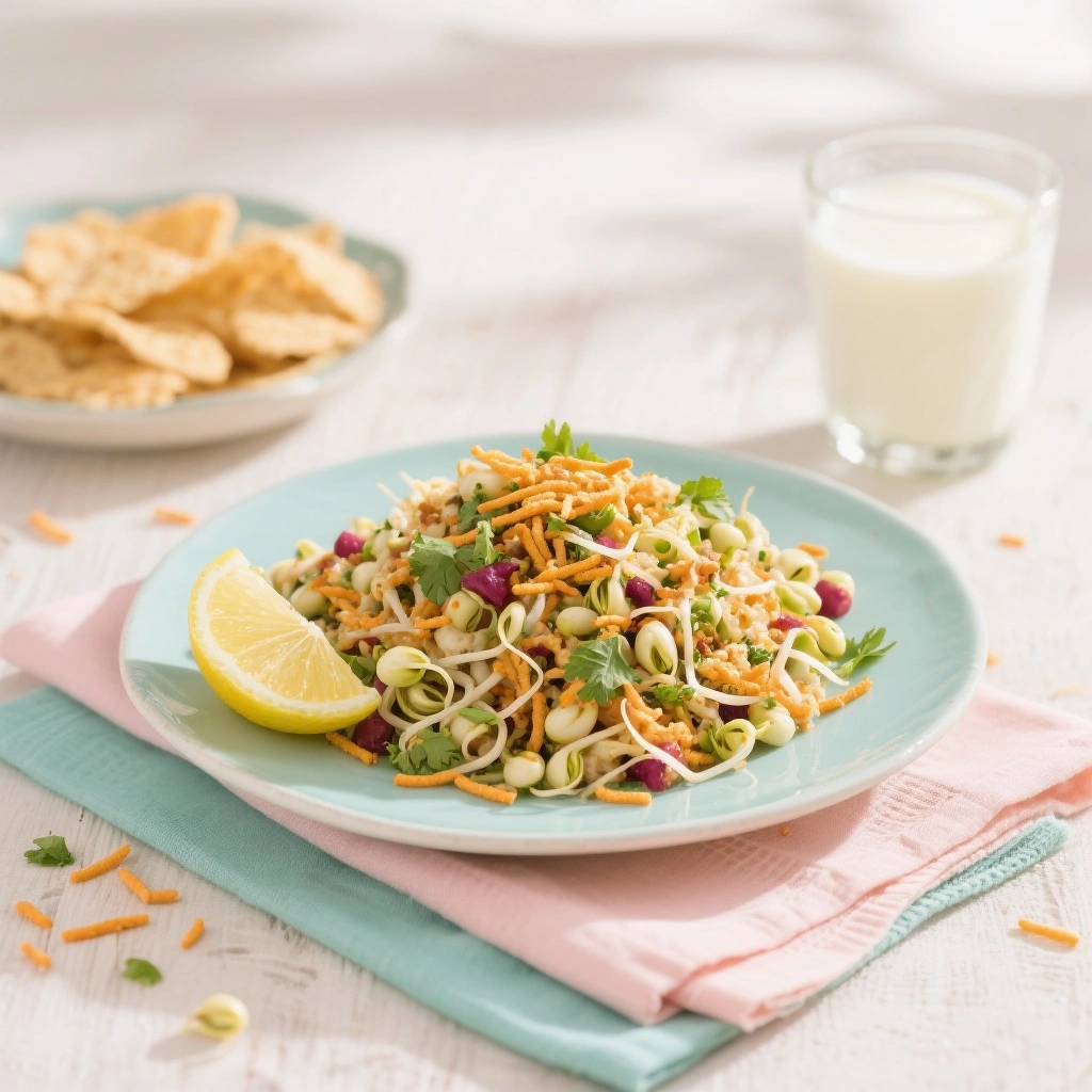serving plate with sprouts chaat neatly arranged, garnished with coriander, sev, and lemon wedge