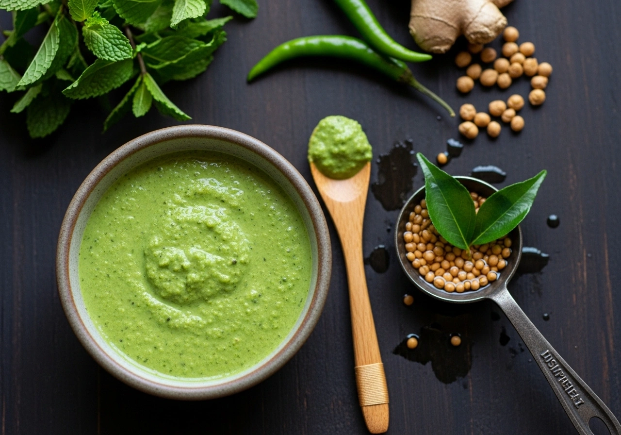 Prepare chutney Grind coconut, pudina, green chillies, ginger, roasted chana dal, salt, and little water to a smooth paste. Add curd if using. Optionally temper with mustard seeds and curry leaves.