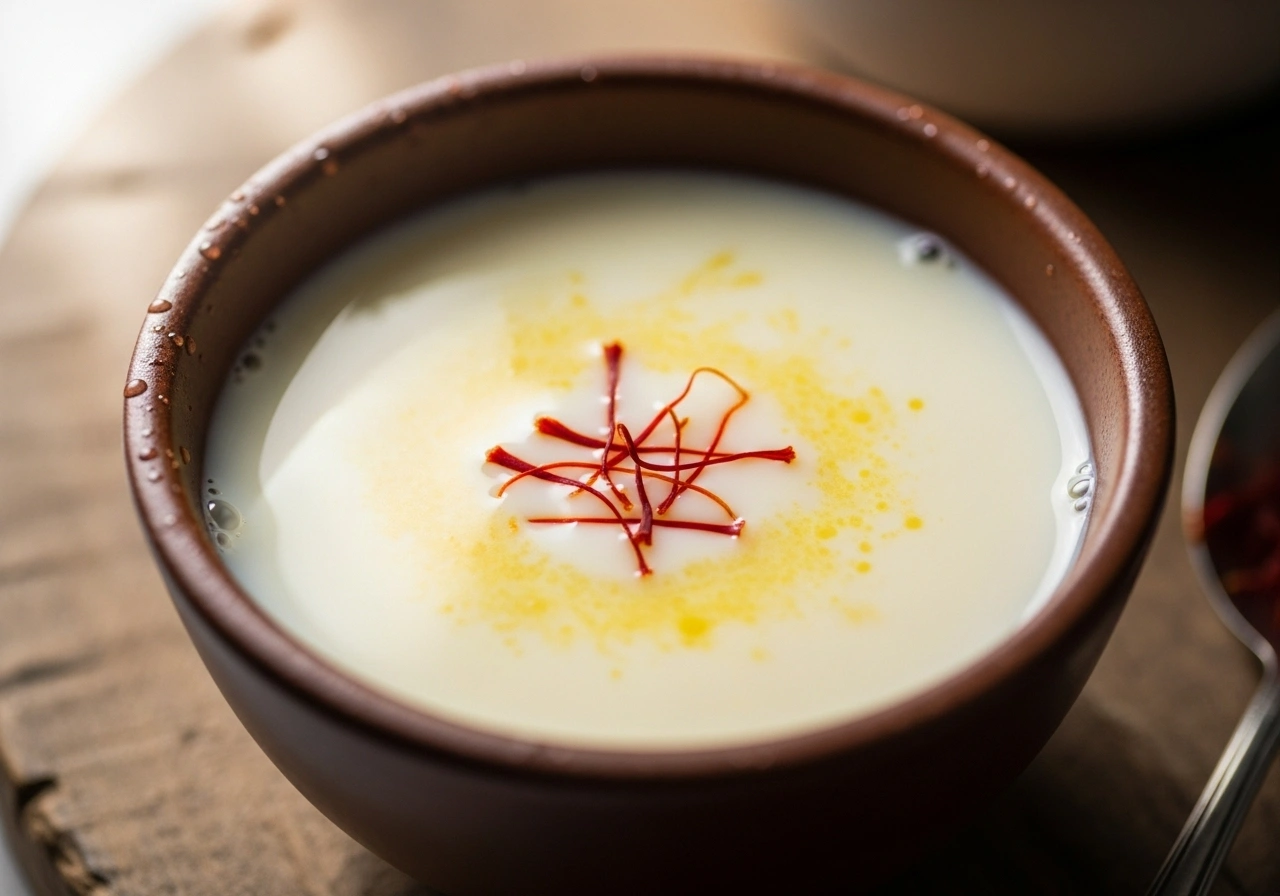 Prepare saffron milk Soak saffron strands in warm milk and set aside.