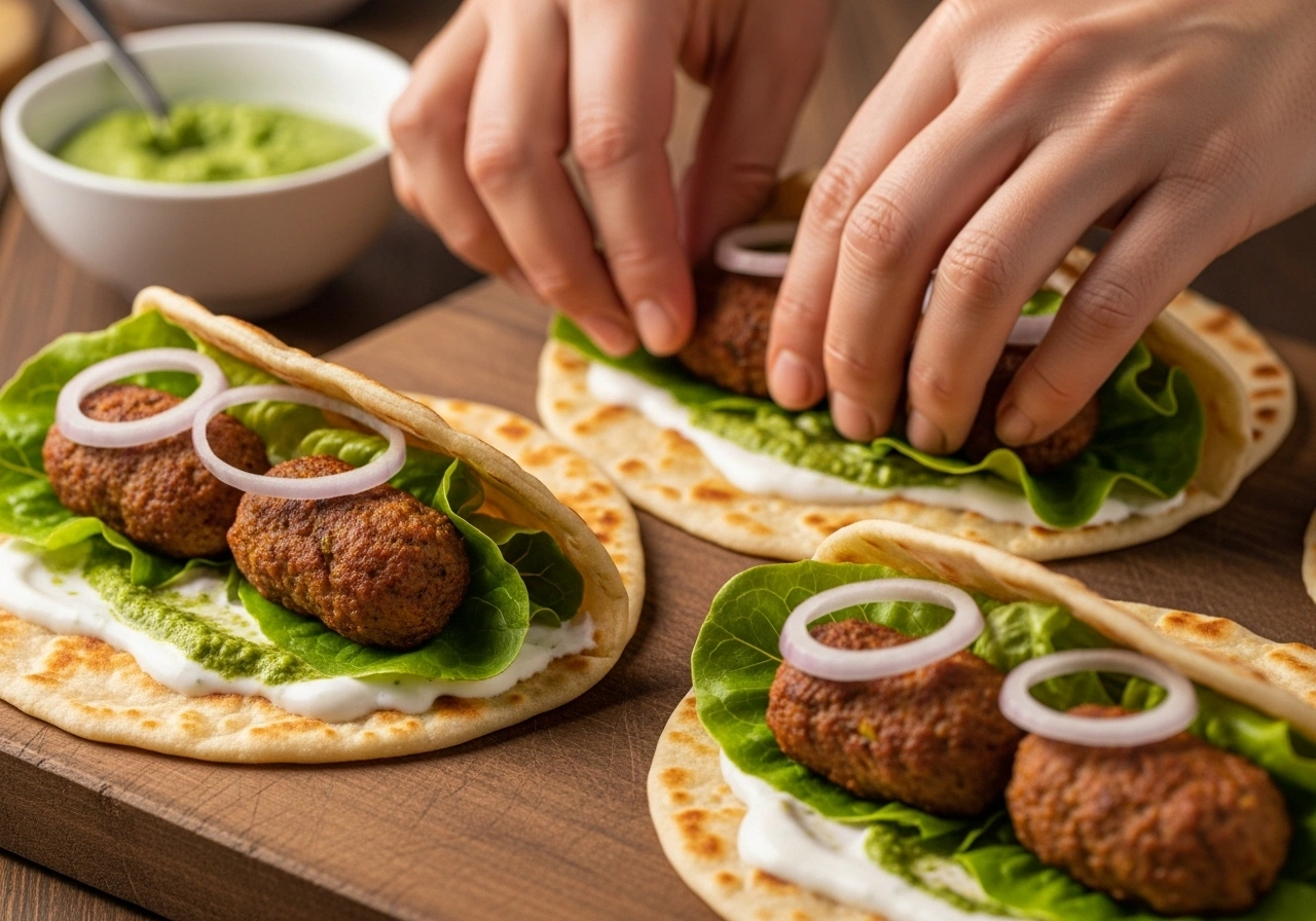 Assemble rolls Toast parathas lightly with butter. Spread green chutney and yogurt sauce. Place 2 kebabs on each paratha, add onion rings and lettuce, then roll tightly.