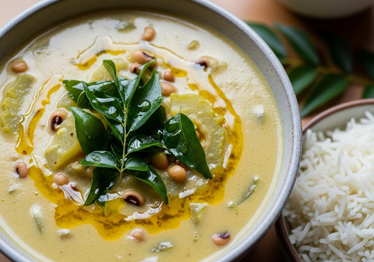 Finish with flavour Drizzle coconut oil and add fresh curry leaves. Mix gently and serve hot with steamed rice.