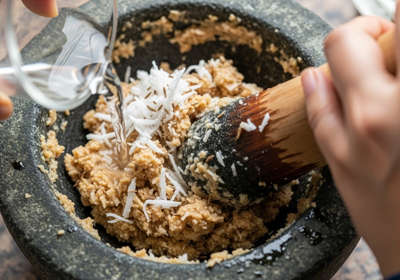 Make coconut paste Grind grated coconut and cumin seeds into a coarse paste with little water.