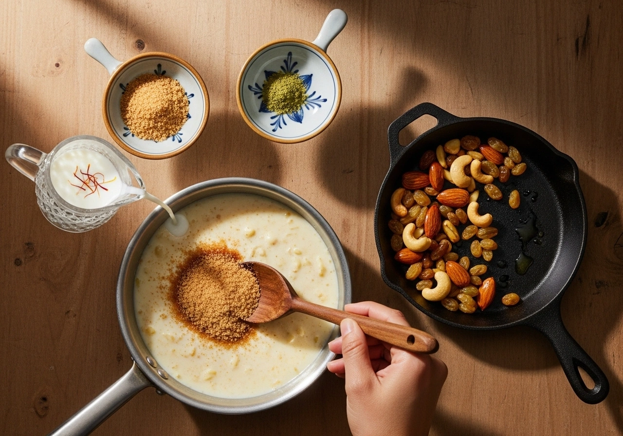 Sweeten & flavour Add sugar (or jaggery if using — add after removing from flame to prevent curdling), cardamom powder, and saffron milk. Stir well.