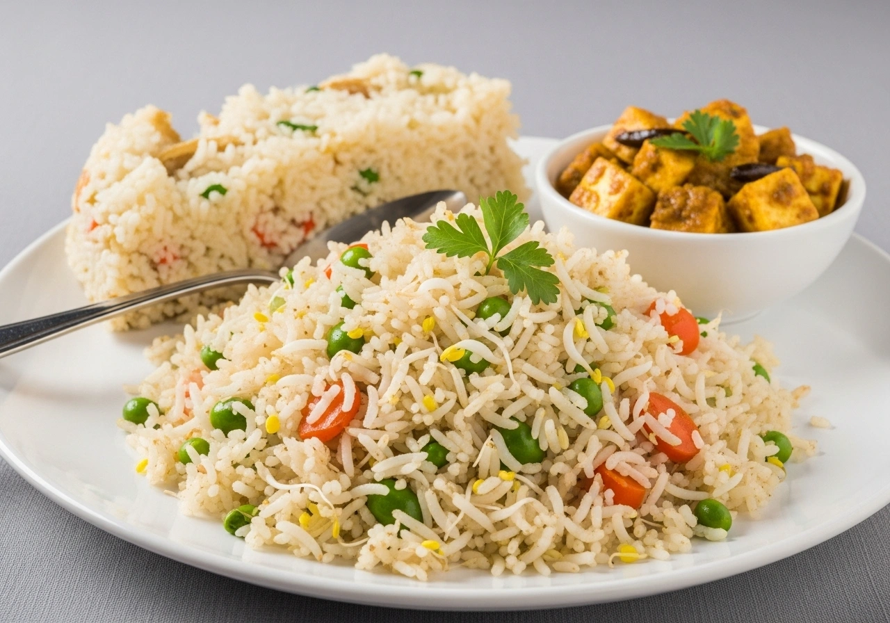Serve Serve hot sprouts fried rice with paneer bhurji on the side for a balanced meal.
