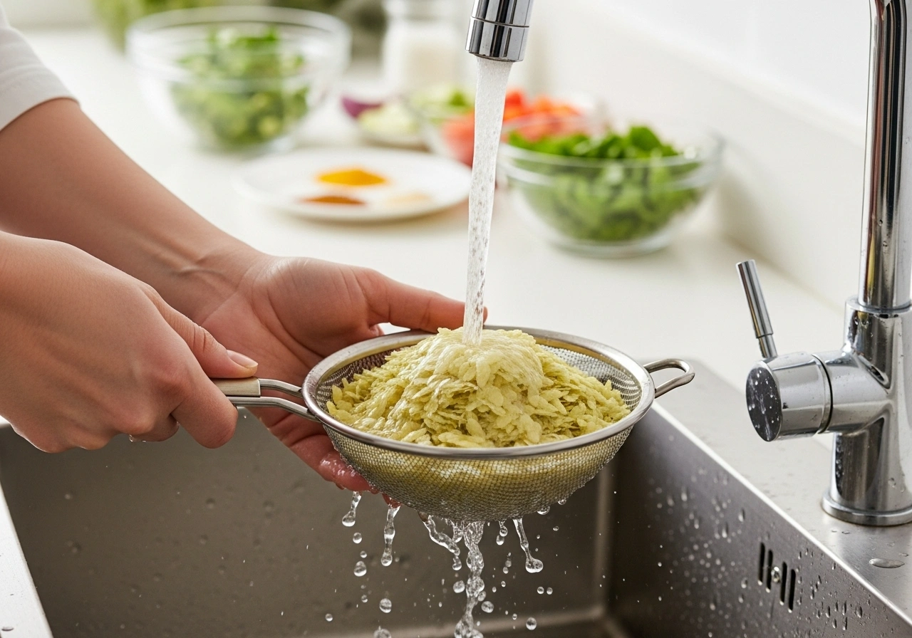 Prep poha Rinse poha in a strainer under running water. Let it sit for 5 minutes until soft and fluffy (not mushy).