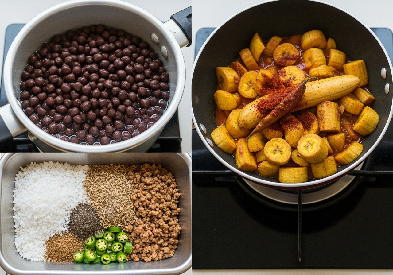 Combine everything Mix cooked chickpeas with the vegetables. Add the ground coconut paste. Cook on low flame for 5 minutes until well blended.