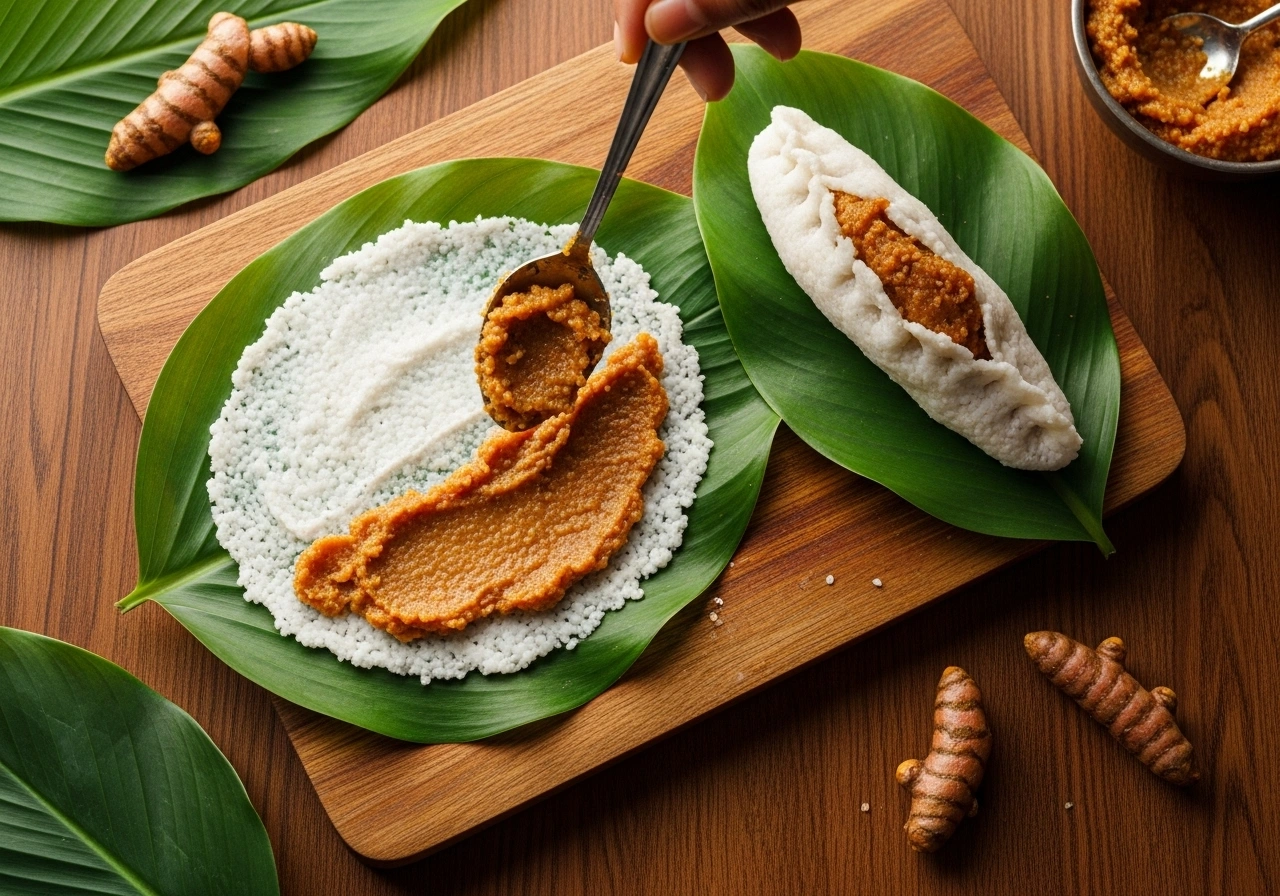Assemble patolya Wash turmeric leaves and pat dry. Apply a thin layer of rice dough on each leaf. Spread a spoonful of coconut-jaggery filling evenly. Fold the leaf in half, sealing the edges.