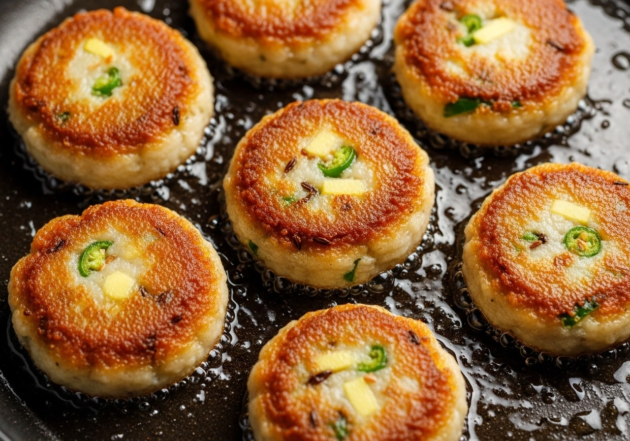 Make Aloo Tikki Mix potatoes, chilli, ginger, cornflour, salt, and spices. Shape into flat patties. Shallow-fry in oil until crisp and golden on both sides.