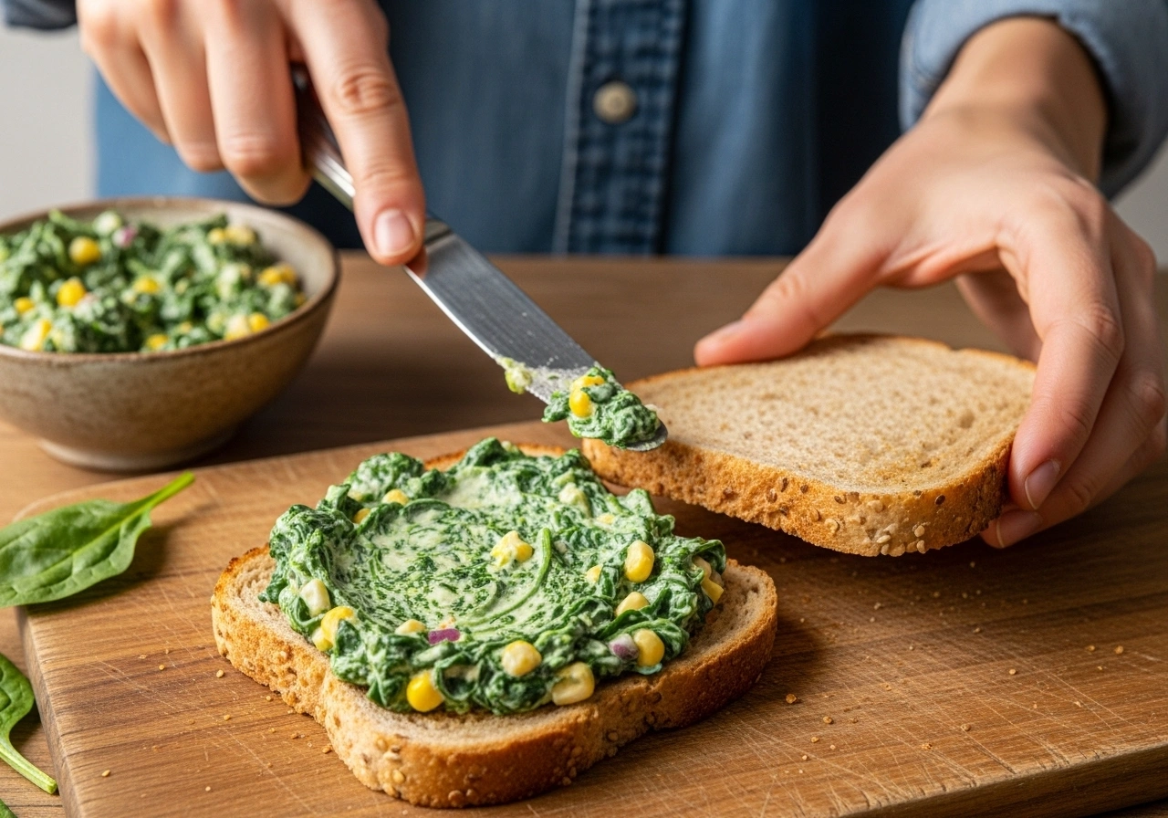 Assemble sandwich Spread the spinach-corn filling between two bread slices.