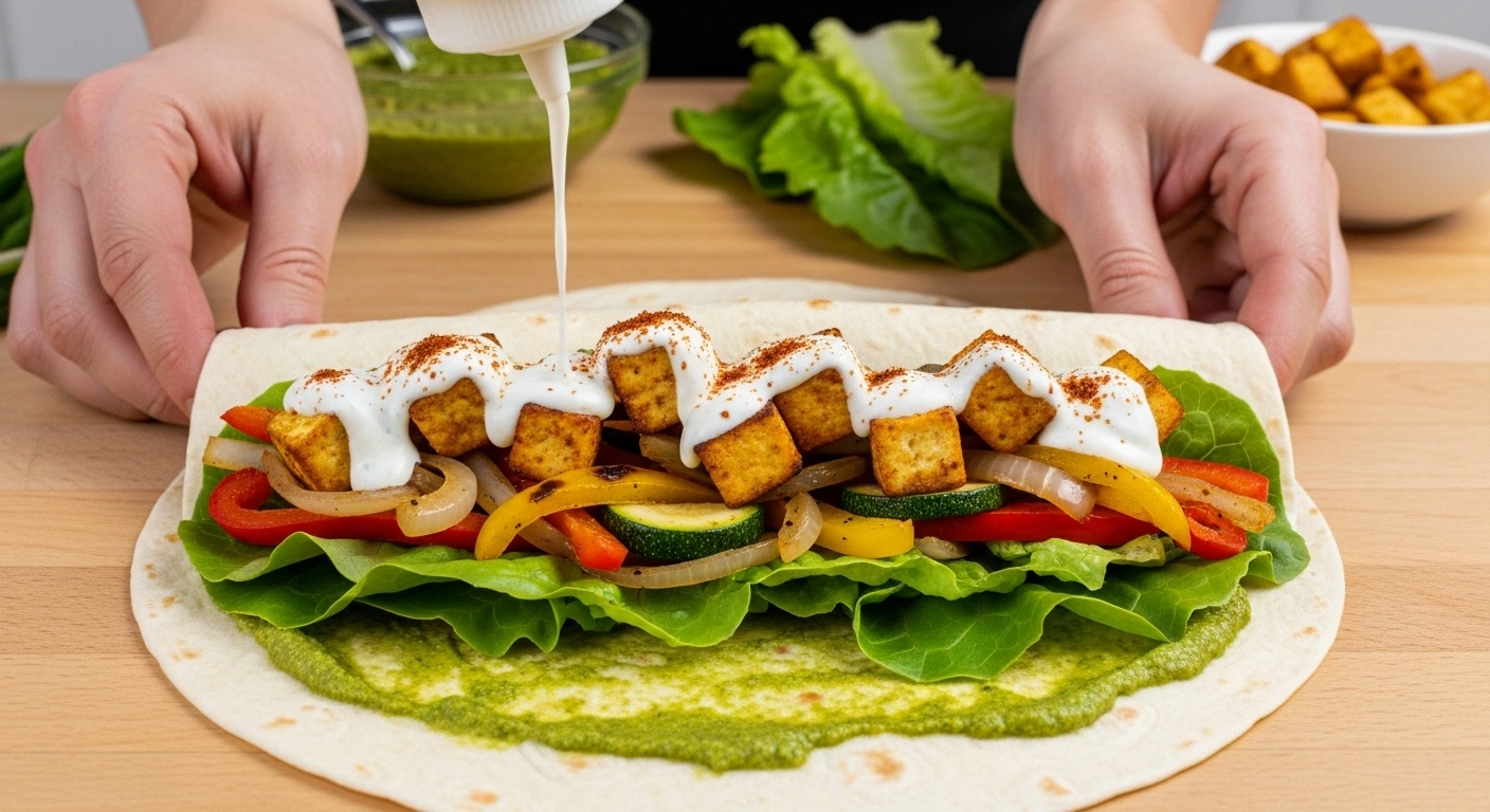 Assemble wraps Warm tortillas. Spread green chutney, add lettuce, sautéed veggies, and grilled tofu. Drizzle yogurt-mint dressing. Sprinkle chaat masala.