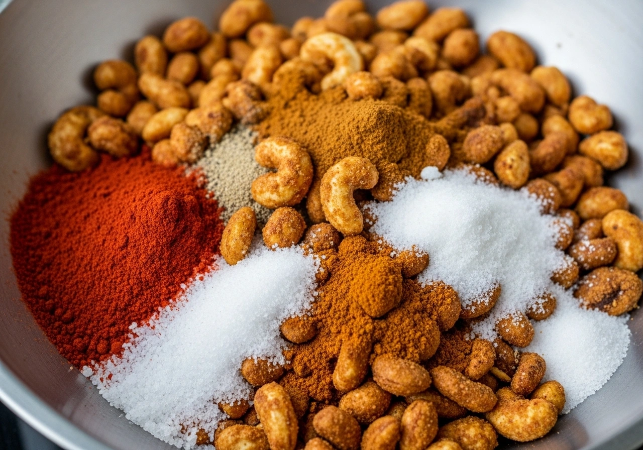 Toss nuts with spices Reduce flame. Add red chilli powder, pepper, turmeric, chaat masala, hing, and salt. Immediately toss in the roasted/fried nuts. Coat evenly.