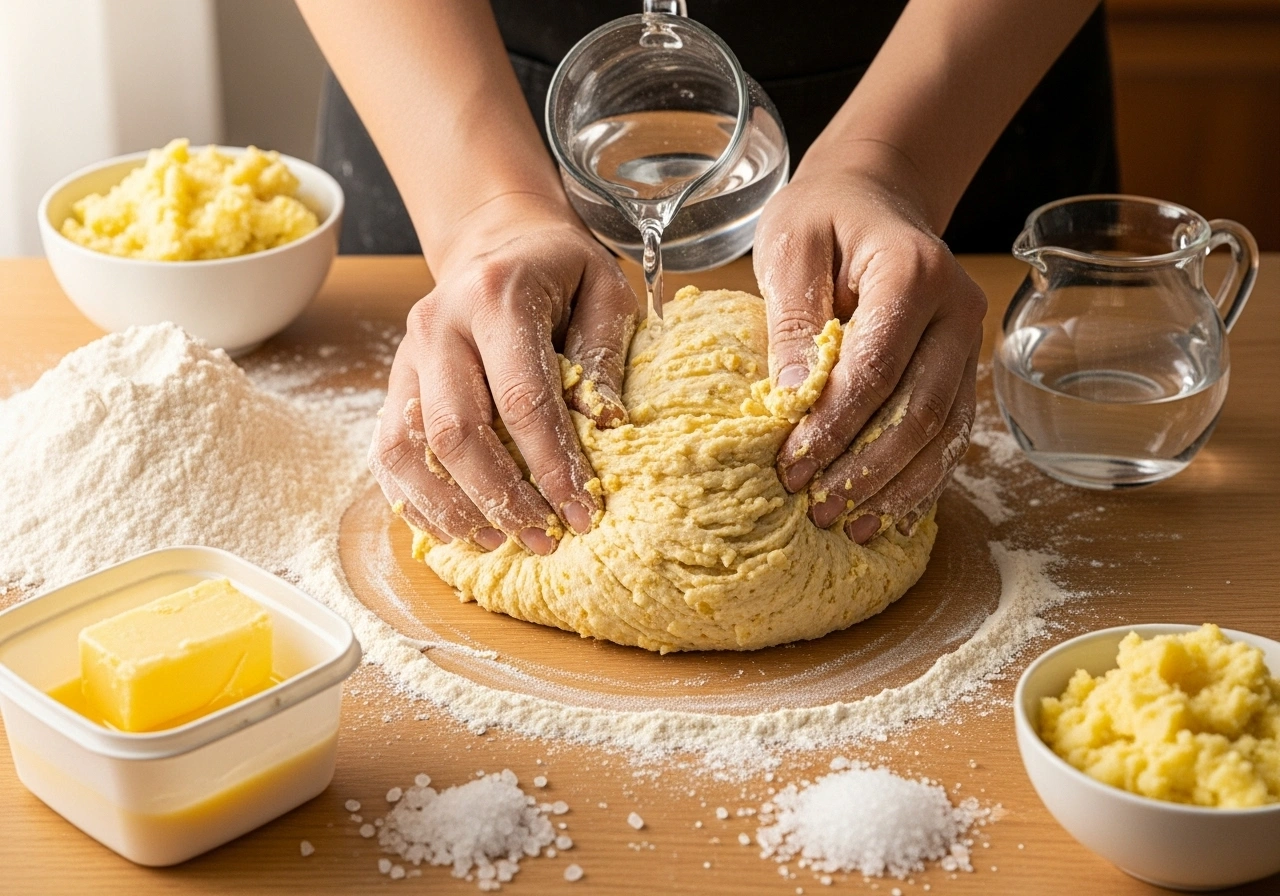 Make dough Mix flour, mashed potato, ghee, and rock salt. Add little water and knead into a firm dough. Rest for 15 minutes.