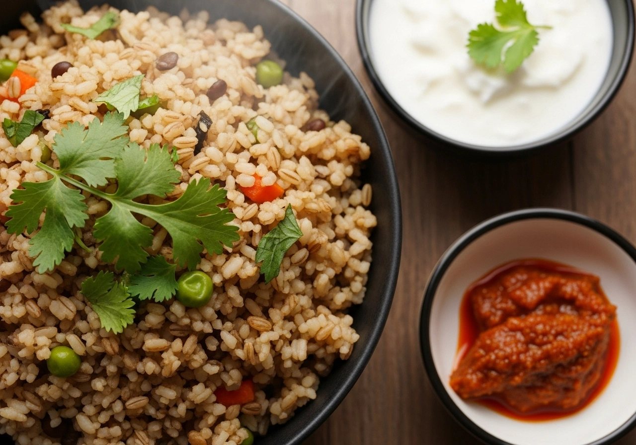 Finish Once pressure releases, fluff khichdi lightly. Garnish with coriander leaves. Serve hot with curd or pickle.