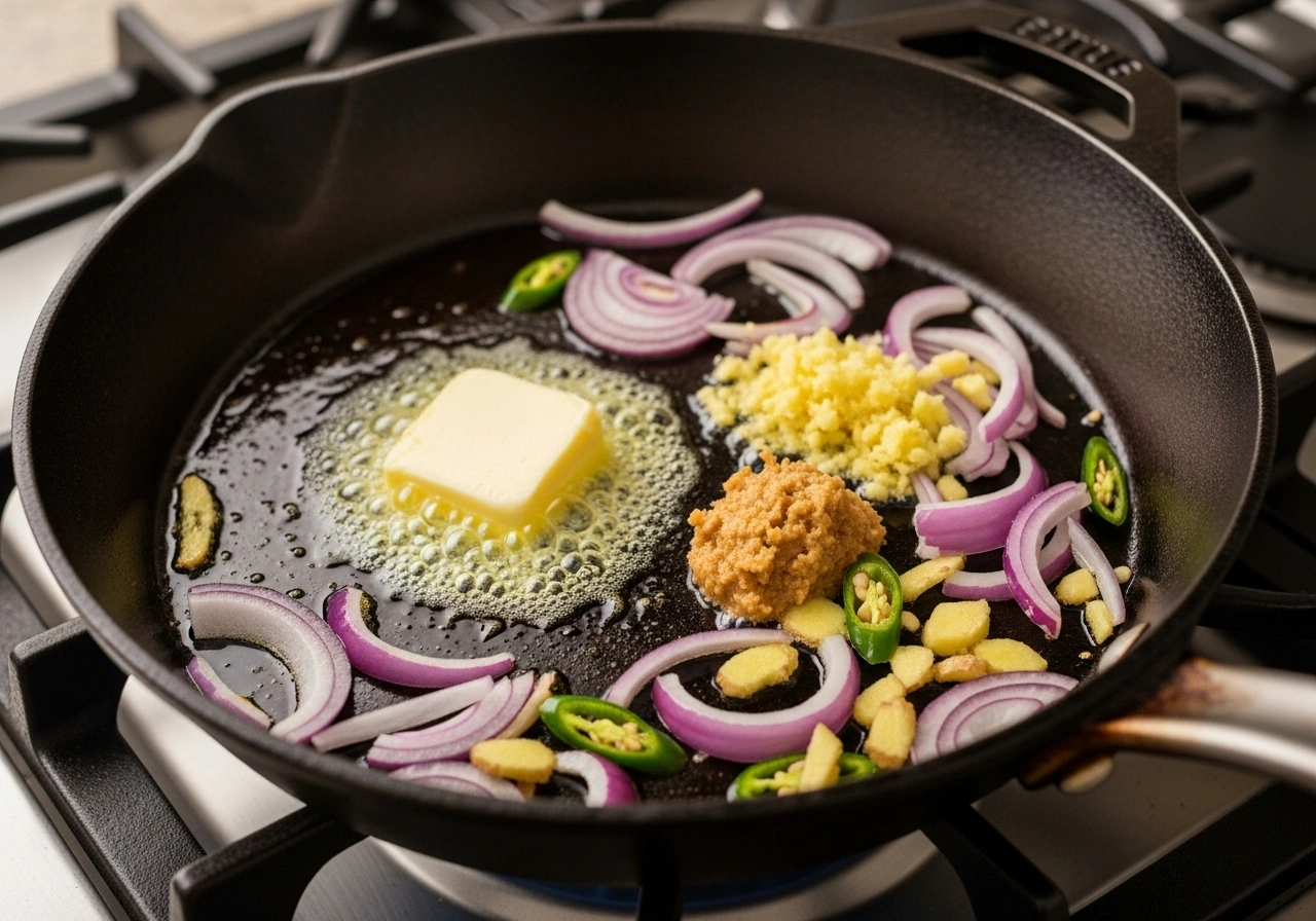 Prepare Paneer Bhaji Heat butter + oil. Sauté onion, ginger-garlic paste, and chilli until golden. Add tomatoes and capsicum, cook until soft. Add peas, pav bhaji masala, chilli powder, turmeric, and salt. Mix well. Add crumbled paneer with ½ cup water. Cook for 5 minutes. Finish with lemon juice and coriander.