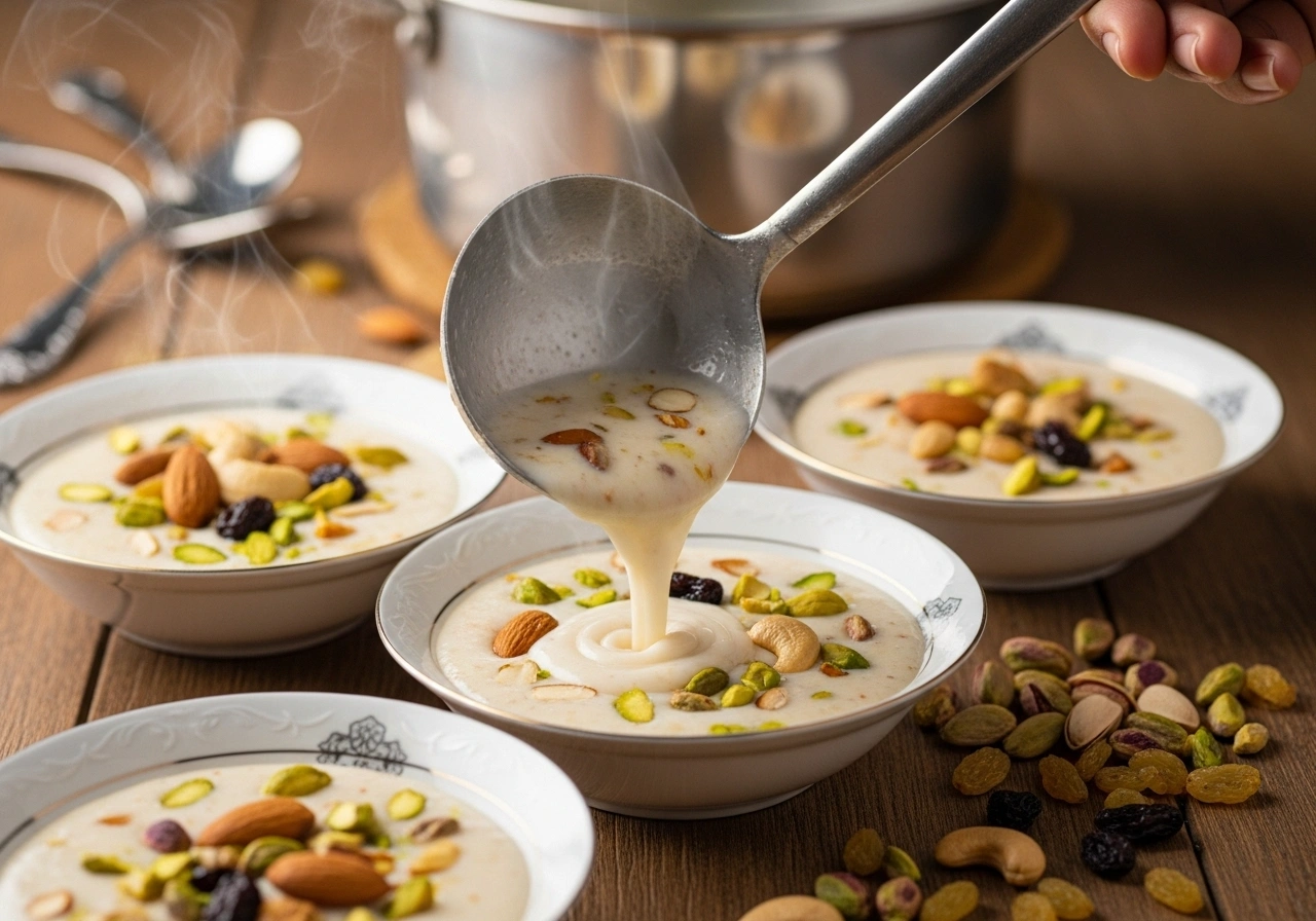 Serve Pour into bowls, garnish with remaining dry fruits. Serve warm or chilled.
